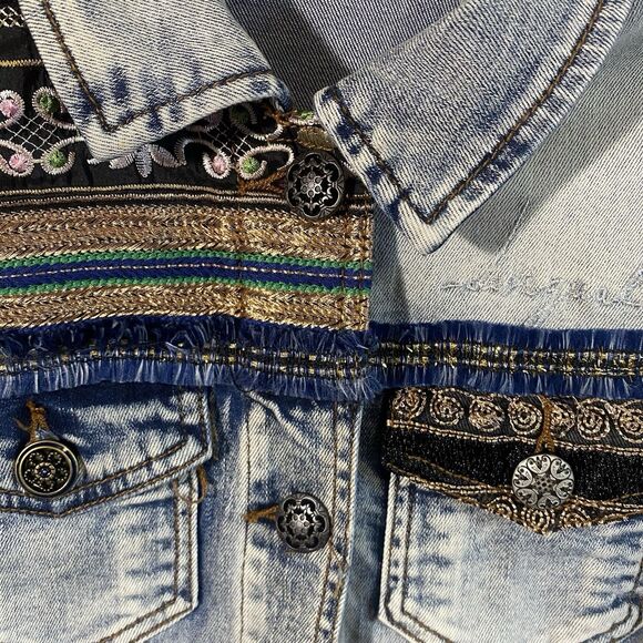 DESIGUAL Denim Jacket Womens EU 36 (US 6) Designer Artistic Knit Sleeve Boho - Picture 3 of 13